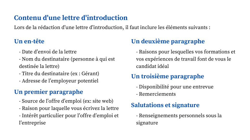 Contenu d'une lettre d'introduction